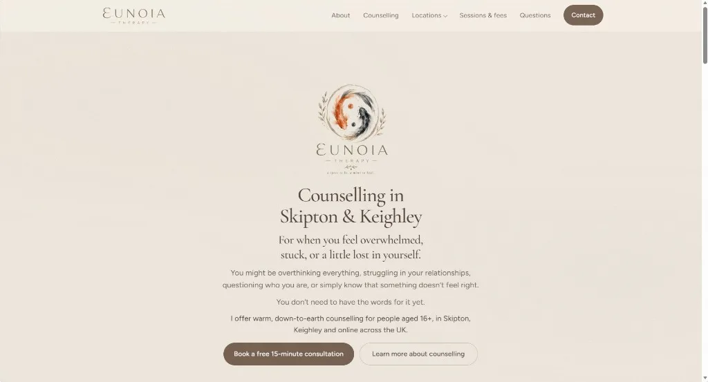 Homepage of Eunoia Therapy, with the heading Counselling in Skipton and Keighley and the practice logo.