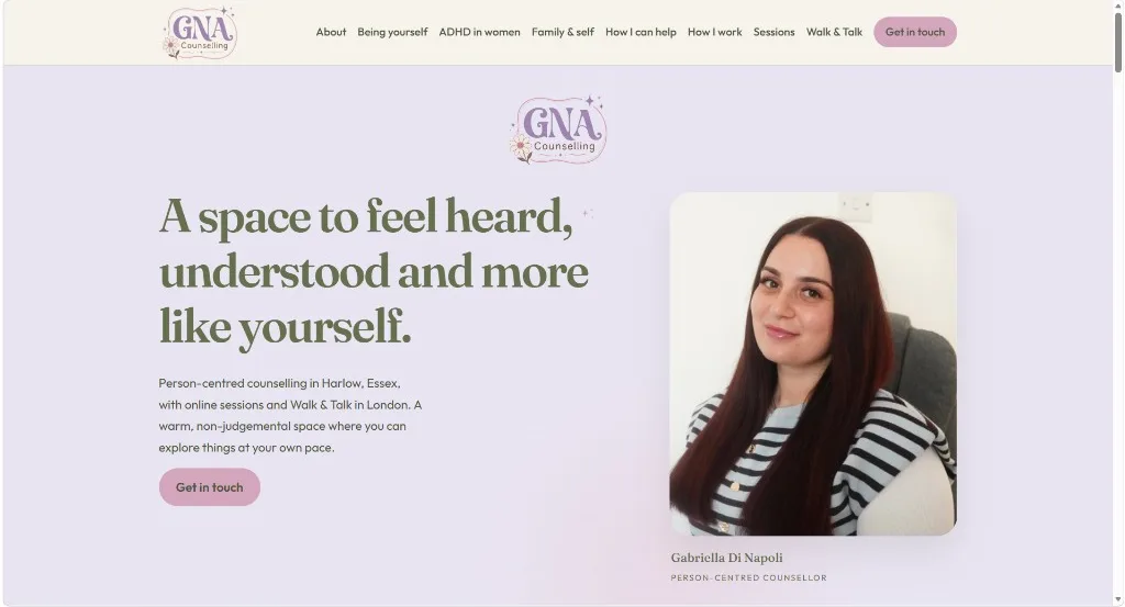 Homepage of GNA Counselling, with the heading A space to feel heard, understood and more like yourself, and a portrait of Gabriella Di Napoli.