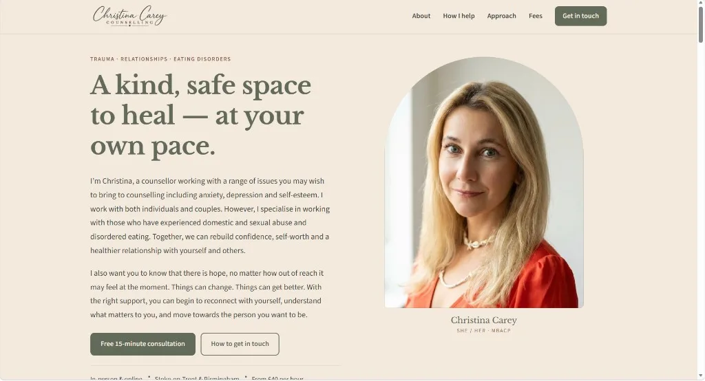 Homepage of Christina Carey Counselling, with the heading A kind, safe space to heal — at your own pace, and her portrait.