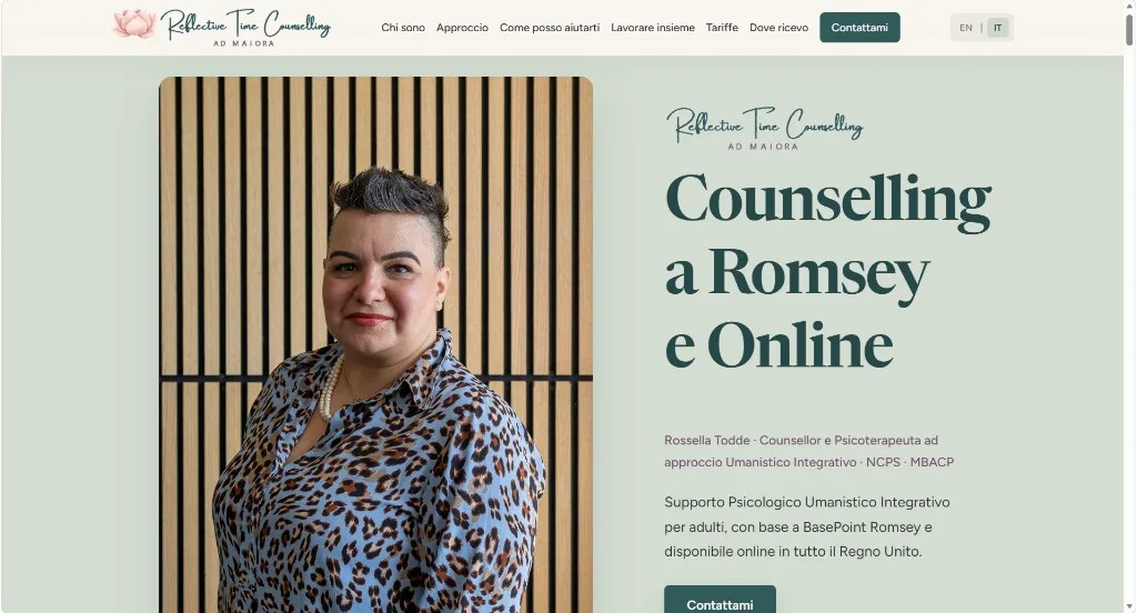 Homepage of Reflective Time Counselling, showing counselling in Romsey and online, with a portrait of Rossella Todde.